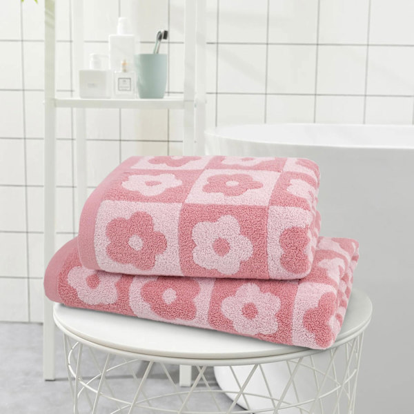 2-pack Lyxiga Badhanddukar, Rutiga Blommönster, Rosa Badhanddukar för Kvinnor och Flickor, 70*140cm, 100% Bomull, Absorberande