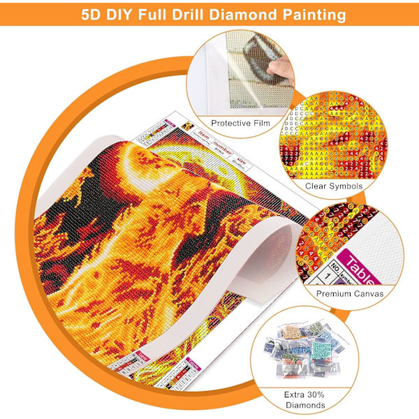 (30x40cm) 5D Diamantmaleri Kits, Brølende Ulv af Måneild Rund Diamant, DIY Komple
