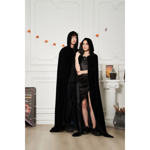 170 cm Musta Huppuinen Pitkä Samettitakki Halloween-asu Karnevaali Ch