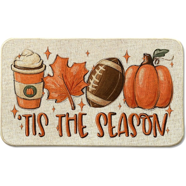 Fall Football Pumpkin Front Door Mat Indoor Outdoor Entrance, Autumn Maple Leaves Washable Non-Slip Rubber Doormat, Insi