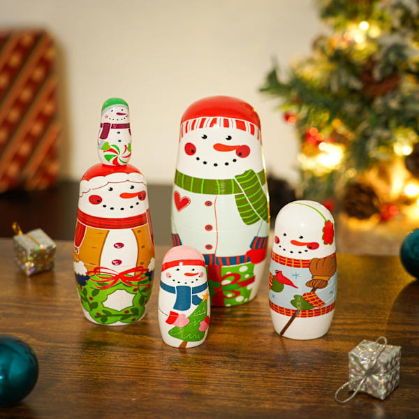 5 st julryska babuschka dockor, söta handgjorda trä snögubbar matryoshka babuschka dockor staplingsleksaker för barn jul