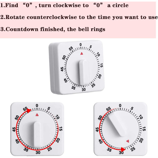 2 stk. 60 minutters Køkken Timer 1 Time Visuel Køkken Ur Timer Mini Nedtællingstimer Høj Lyd, Mekanisk Timer til