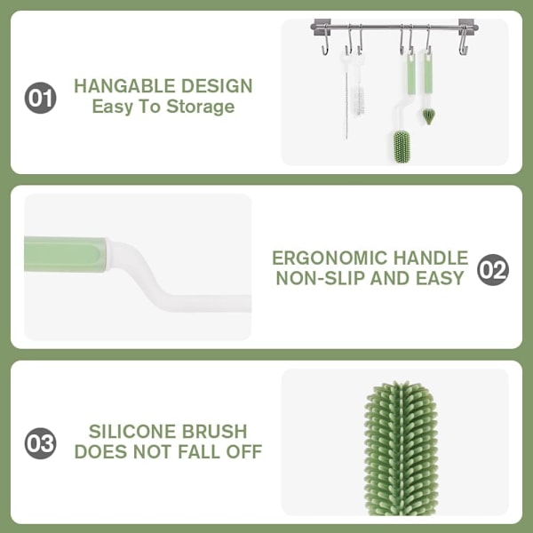 (Grøn) Silikoneflaskebørste, 3-i-1 Rengøringsflasker, Flaskebørste og Nippel, Velegnet til Alle Si