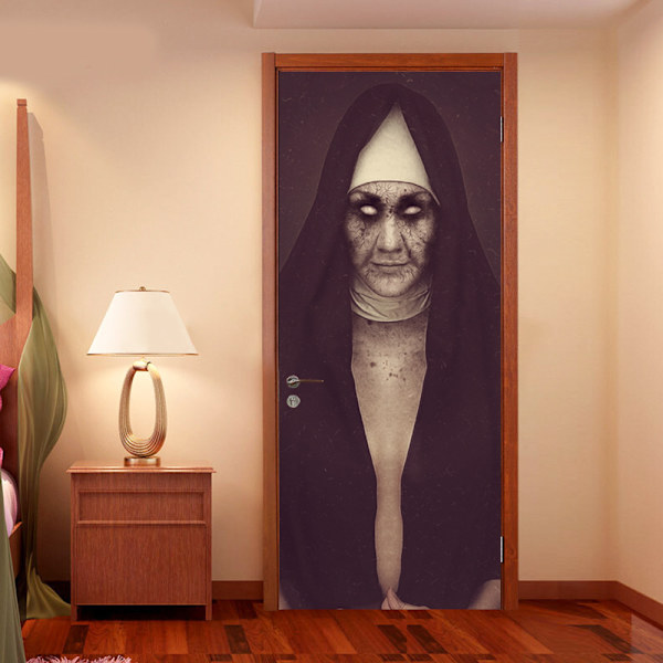 Halloween 3D Nun Ovi Tarrat, 30 x 80 tuumaa Kauhistuttava Aave Nunna Halloween Ovi Taustakuva Koristelu