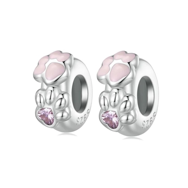 Sæt med 2 søde kattepote runde perler 925 Sterling sølv og gummi til charmearmbånd, åbningsdiameter 4,5 mm