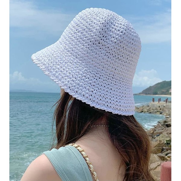 Dam Solhatt i Halm Vävda Virkad Bucket Hatt Fiskehatt Strandhatt Vikbar Keps Enfärgad Halm Sommar Strandhatt