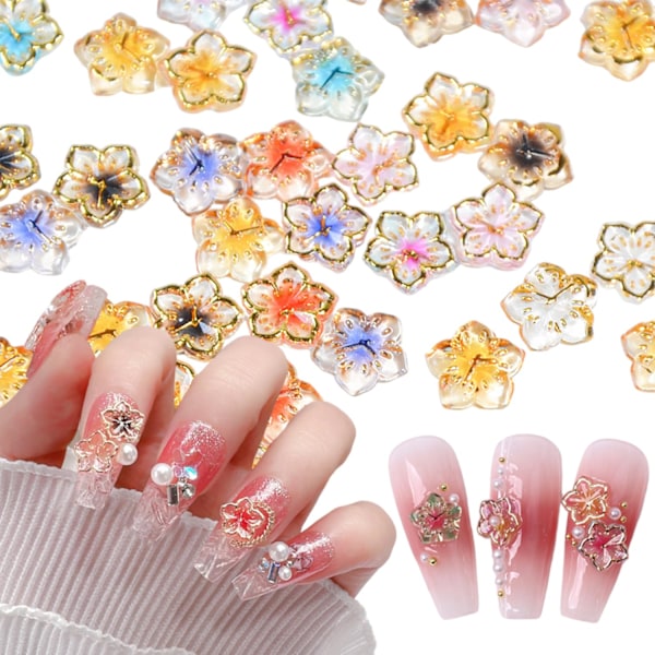 100 st Flower Nail Charms Platta Baktill Resin Charms Design 3D Blommor Nail Gems och Charms Tillbehör Akryl Vårblomning Tenn