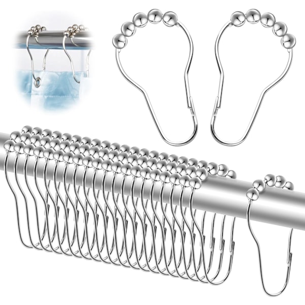 24 Stycken Duschringar, Duschdraperiringar, Duschdraperikrokar med Glidsystem, Duschdraperiglider, för Duschdraperistänger, Gardiner (Silver)