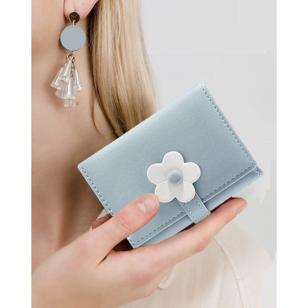Liten plånbok för kvinnor, tri-fold plånbok, myntplånbok, blommönster kortinnehavare, myntplånbok Blue