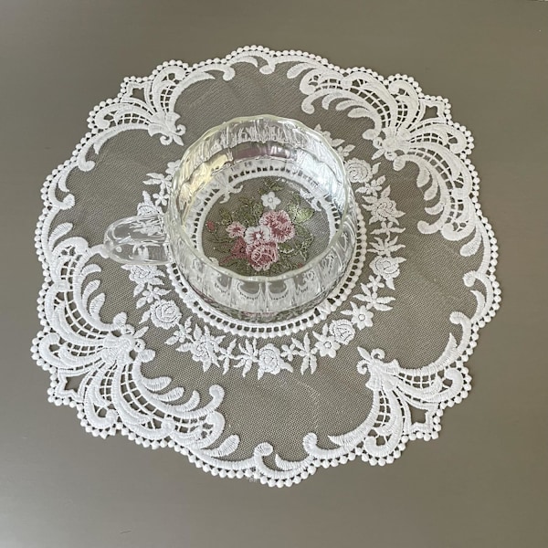 4 stk Retro Lace Placemats, Broderte Kopperunderlag Bordmatter, Fransk Heklede Duker, Hvit (bukett i sirkel)