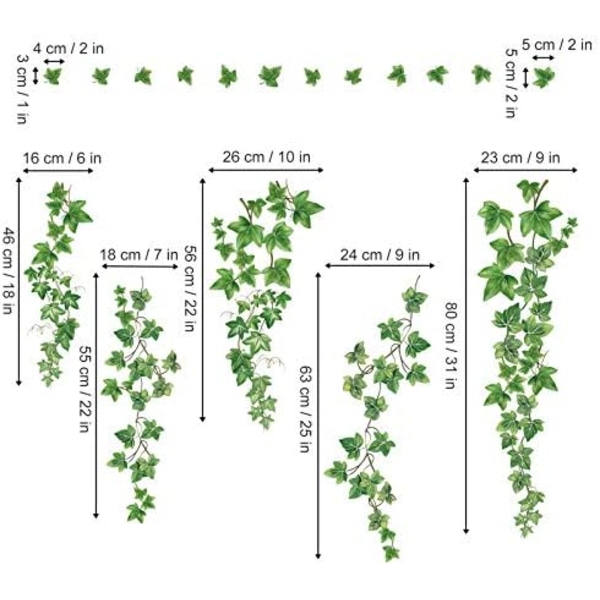 (21,3×12×0,2cm) Gröna Väggdekaler Hängande Vinranka Väggdekal Ivy Blad Växter Väggdekor Sovrum Vardagsrum Kontor