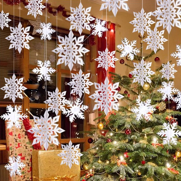 24×24×5cm Vinter Jul Henge Snøfnugg Dekorasjoner, 12 stk Snøfnugg Girlander & 12 stk 3D Glitrende Store Hvite Snøfnugg
