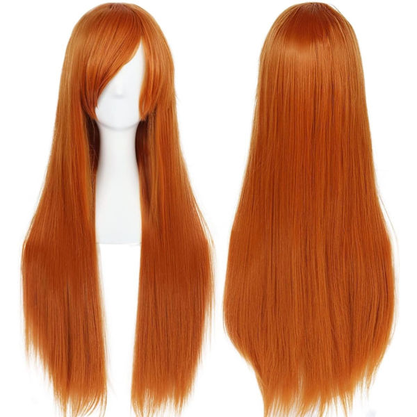 （orange färg）Färgglad panda lång rak Cosplay peruk med lugg naturlig syntetisk hårperuk för kvinnor