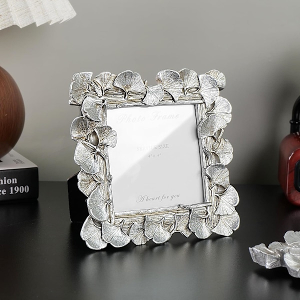 Billedramme Sølv, Vintage Sølv Ornamenteret Bladtekstureret Håndlavet Resin med Glasfront Antik Fotoramme til Bordpladevisning, Retro Design H