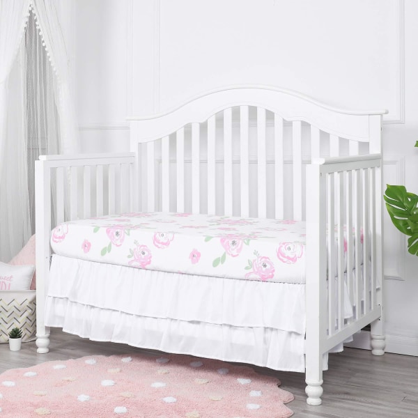 Standard babysenge 52 x 28 tommer (hvid), flæsede sengeskørt til babysenge sengetøj 3 sider blonde flæse