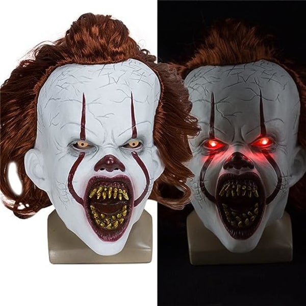 Pelottava klovninaamio Pennywise It Cosplayhin, Led-valoilla varustettu kauhunaamio hiuksilla, Halloween-lateksi aikuisille