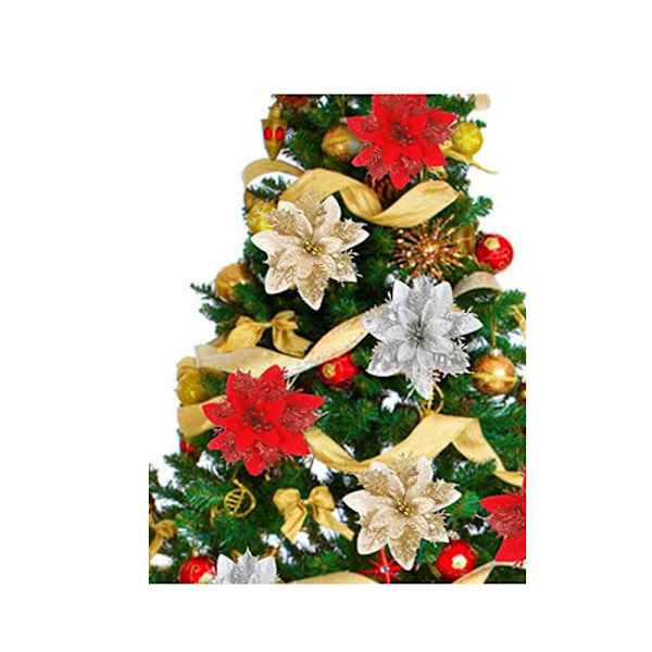 24 stk. Glitter Jule Poinsettia Blomster Kunstige Juletræ Ornament Bryllup Jul