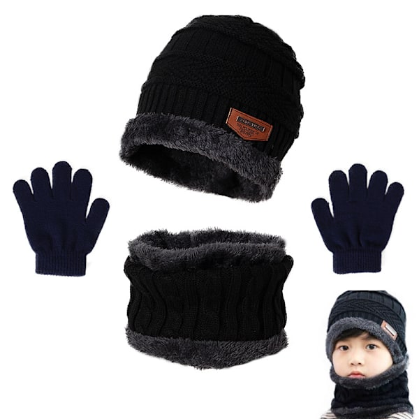 Svart barnscarf och mösspaket för pojkar och flickor