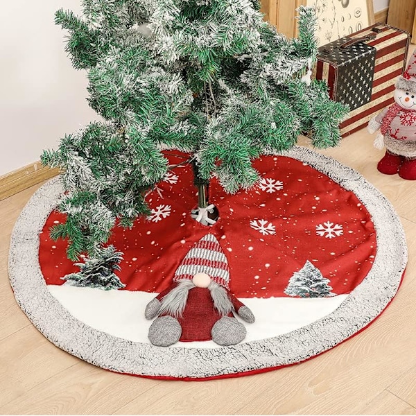 122cm Julgransskjort, Röd Julgran Matta Festival Dekoration med Ansiktslös Tomte och Snöflinga, Mjuk Plysch Jul