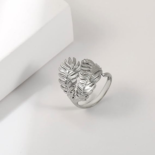 1 Justerbar Bladring i Rostfritt Stål Finger Ring med Bladmönster Öppna Fingerringar för Kvinnor Flickor
