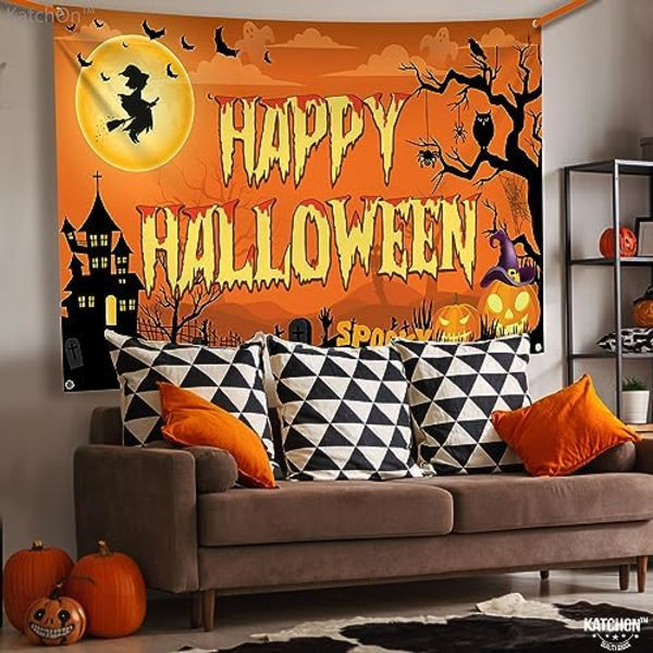 2 kpl Pelottava Onnellinen Halloween-Lippu, 90x150cm | Oranssit Halloween-Taustakuvat Halloween-Koristeluihin | Halloween