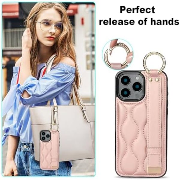 Apple iPhone 16 Pro Max Skal Söt med Handledsrem Stativ för Kvinnor Flickor, PU Läder Handledsband Telefonfodral med Ring