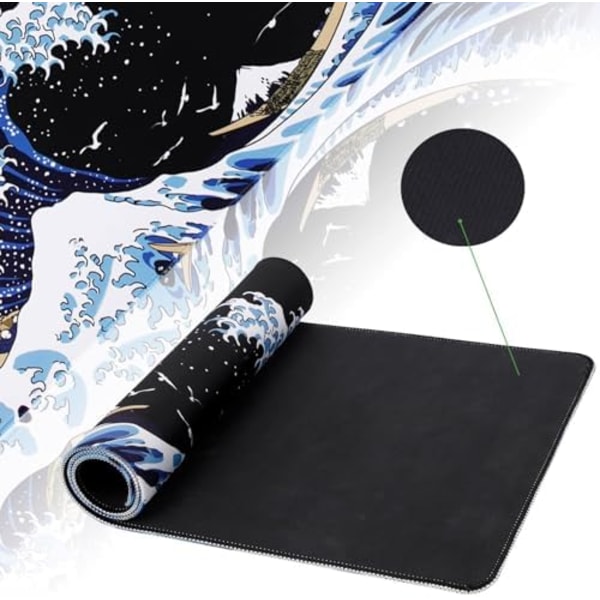 Gaming Mousepad til skrivebord, Stor bølgeformet Mousepad til Laptop, Sort Japansk Anime Mouse Mat, Lang XXL Vandafvisende Tastaturpads, Bi