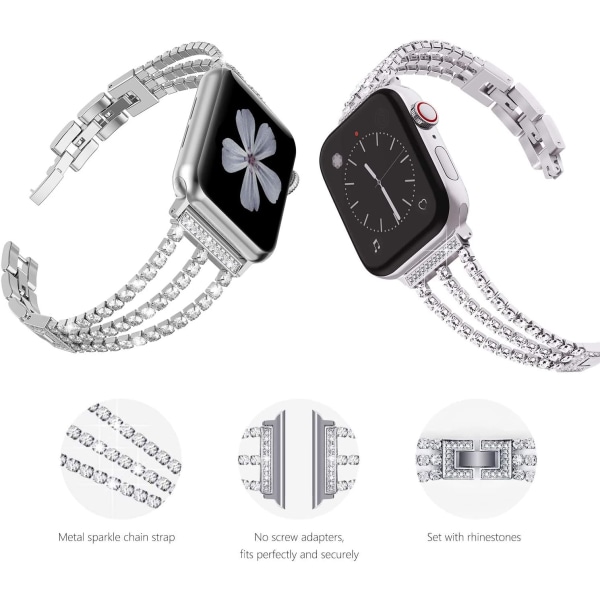 Sølv Diamant-Band Kompatibel med Apple Watch 38mm 40mm 41mm W