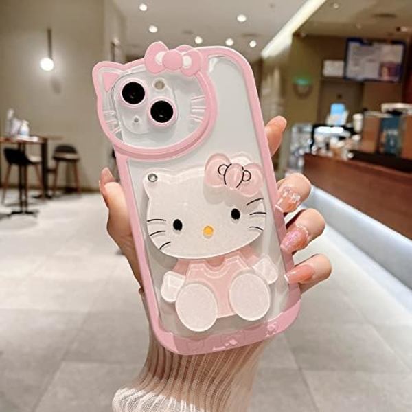 1 stk Sød Tegneserie Kat Etui, 3D Sløjfe Kawaii Ansigt Makeup Spejl Kvinder Piger Børn Blød TPU Klar Beskyttende Telefon Cover Pink