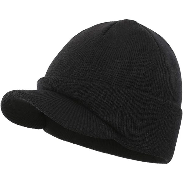 Herre Vinter Beanie Hat-Sort med Skygge Varm Dobbelt Strik Cuf