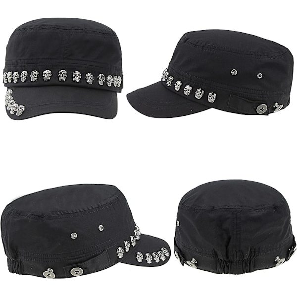 Unisex Skull/Skeleton Studded Punk-Army-Cap Cool Flat Cap