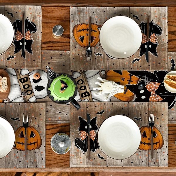 Trepolka Dot Spøkelseskatte Halloween Servietter Sett med 4, 12x18 Tommer Sesongmessige Bordmatter for Fest Kjøkken Spisestue Dekor
