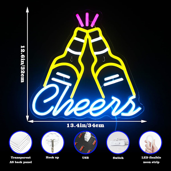 Öl Cheers Neon Skylt Bar Gul och Blå LED Ljusskylt för Vägg