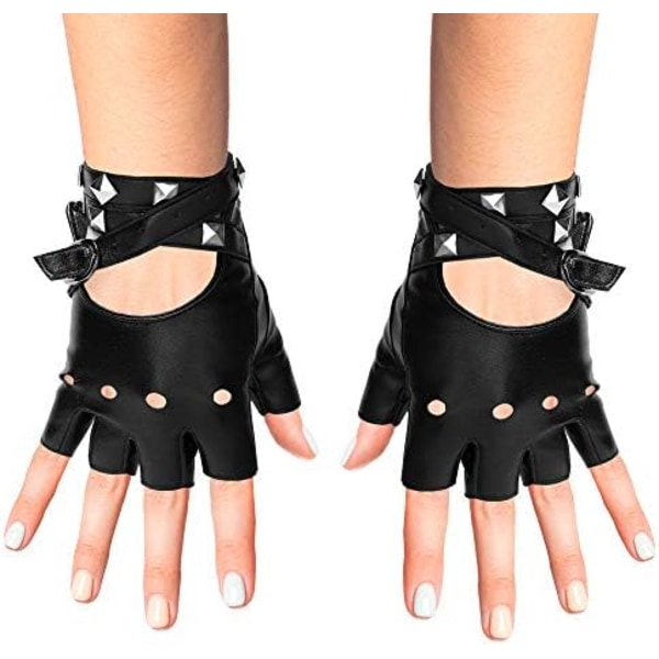 Fingerløse Kunstlæderhandsker - Sorte Biker Punk Handsker med Bæltelukning og Nitter Design til Kvinder