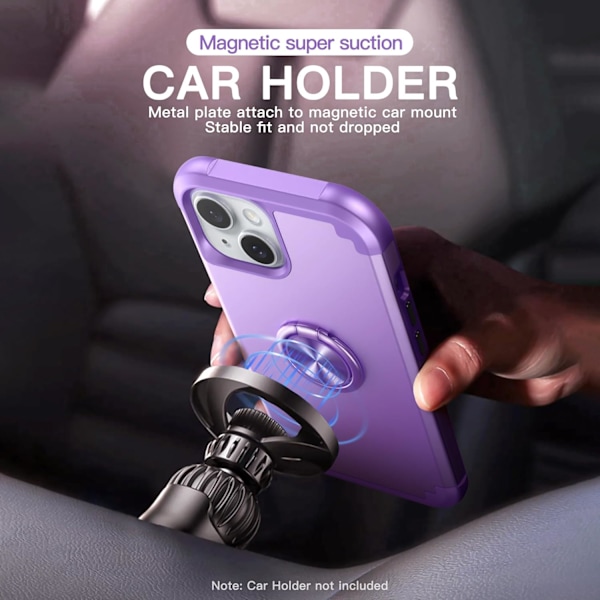 1 stk iPhone 15 deksel med 360° ringstativ, 2 i 1 støtsikker ultra-tynn hybrid Heavy D Light Purple