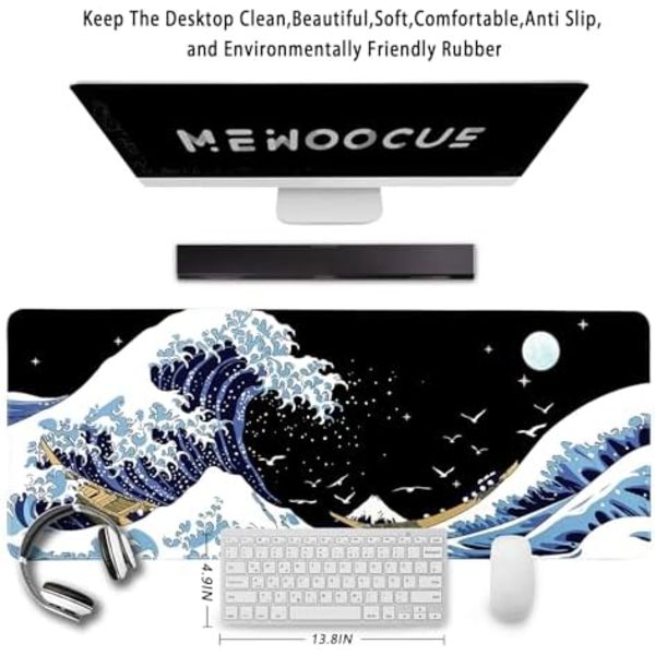 Gaming Mousepad til skrivebord, Stor bølgeformet Mousepad til Laptop, Sort Japansk Anime Mouse Mat, Lang XXL Vandafvisende Tastaturpads, Bi