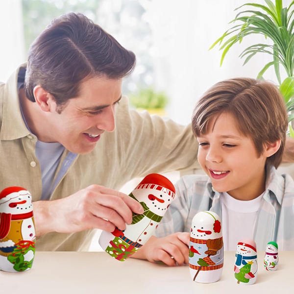5 st julryska babuschka dockor, söta handgjorda trä snögubbar matryoshka babuschka dockor staplingsleksaker för barn jul