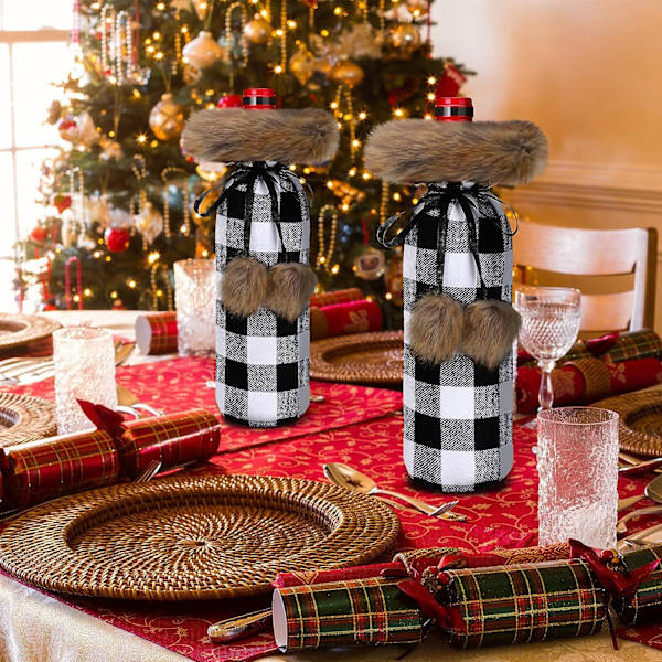 8 stk. julevinflaskeovertræk Buffalo Plaid vingaveposer juleimiterede pels sweater vin B