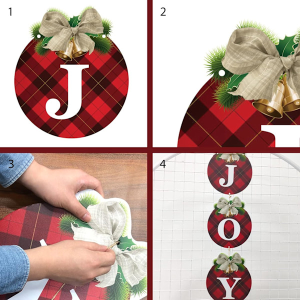 60×20×1cm Buffalo Plaid Julekrans til Fordøren - 3 stk Rustik Julepynt Glæde Skilte Kranser til Dør Jul