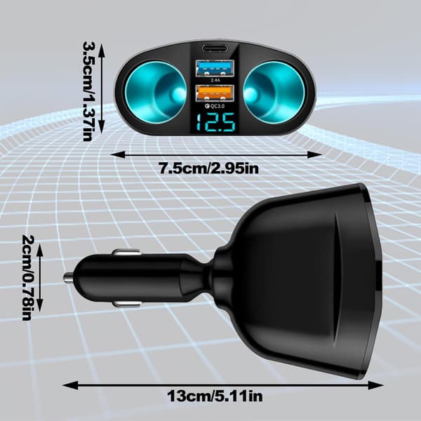 Dobbelt 12V cigarettænderstik, QC3.0/PD/2.4A cigarettænder multi-stik, USB-biloplader