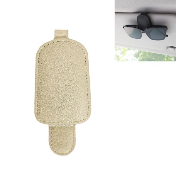 (Beige) Solbrillerholder til bilens solskærm, læder magnetisk brilleholder med kortklemme til bilens solbriller