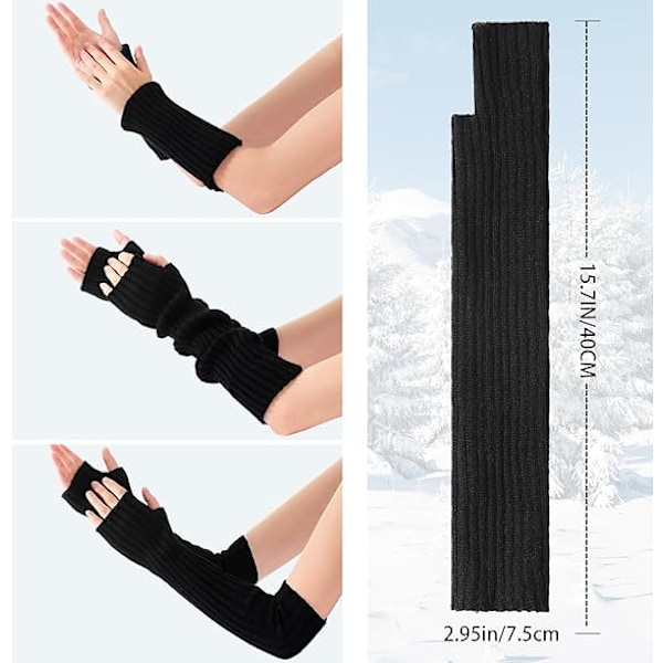 1 par Fingervantar för kvinnor, långa, stickade, med tumhål, stretchiga