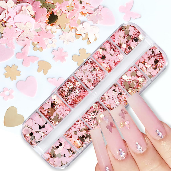 3 st 12 Fack Hjärtformade Nagelglitter Paljetter Holografiskt Guld Rosa Blomma Fjäril Nagelpaljetter 3D Alla Hjärtans Dag Nagel