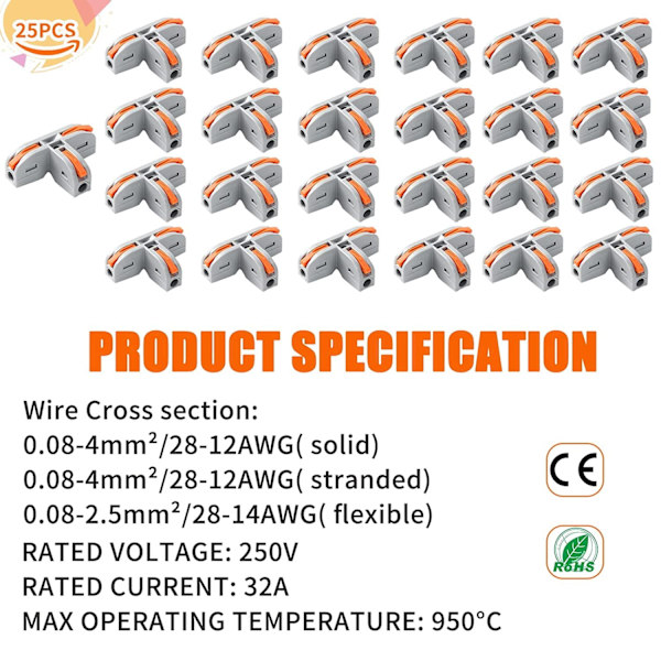 Lever Wire Connectors, 25 stk. T-Tap Hurtige Terminal Connectors, T-Type Elektriske Connector, egnet til