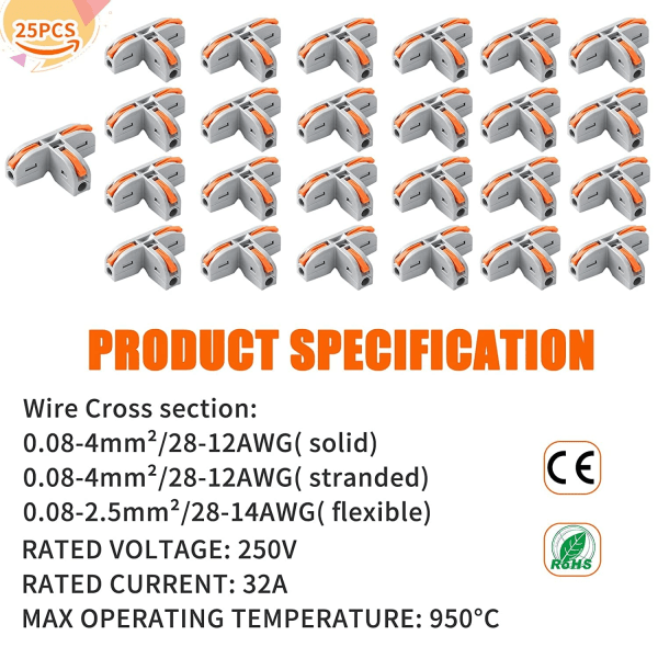 Lever Wire Connectors,25pcs T-Tap Quick Terminal Connectors，T Type Electrical Connector，suitable for