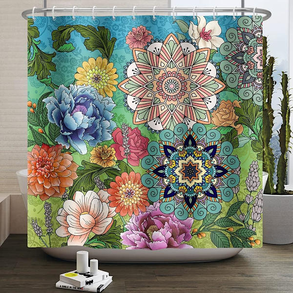 180Lx180Hcm Bruseforhæng Abstrakt Boheme Blomster Løv Badeforhæng Anti Mug Vandafvisende Poly