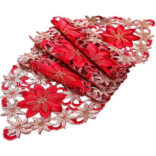 Julepynt - Broderet Julekugler - Rød Blomst Bordflag - Hjemmebordpynt - 38 x 170 cm