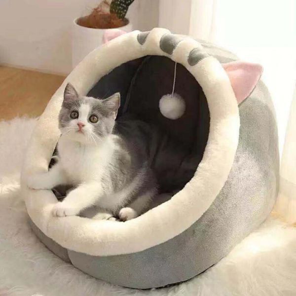 (L-48x45x40cm, Grå Katt) Katteseng Vaskbar Hulematte for Liten Hund Plysj med Avtakbar Seng for Katt og