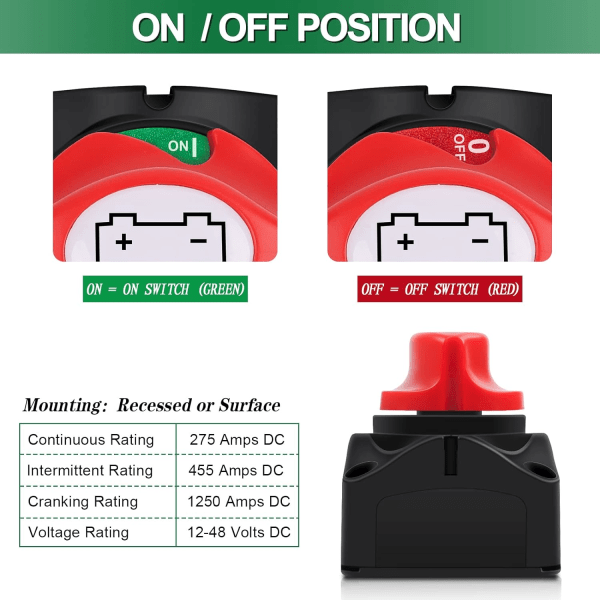 Batterikretsbryter 12V 24V 48V Batteriavkobling 1-2-Begge-AV,