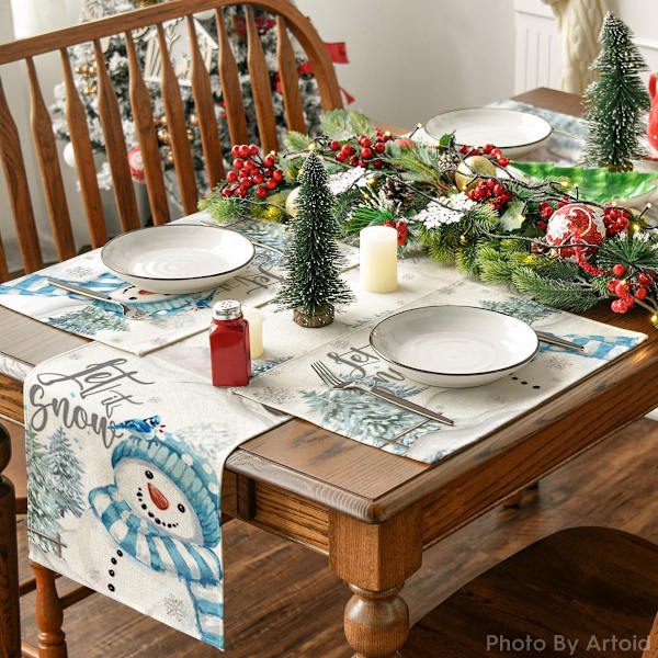 Julgranar Låt Det Snöa Blå Snögubbe Jul Servetter Set om 4, 12x18 Tum Vinter Bordstabletter för Fest Kök Matplats